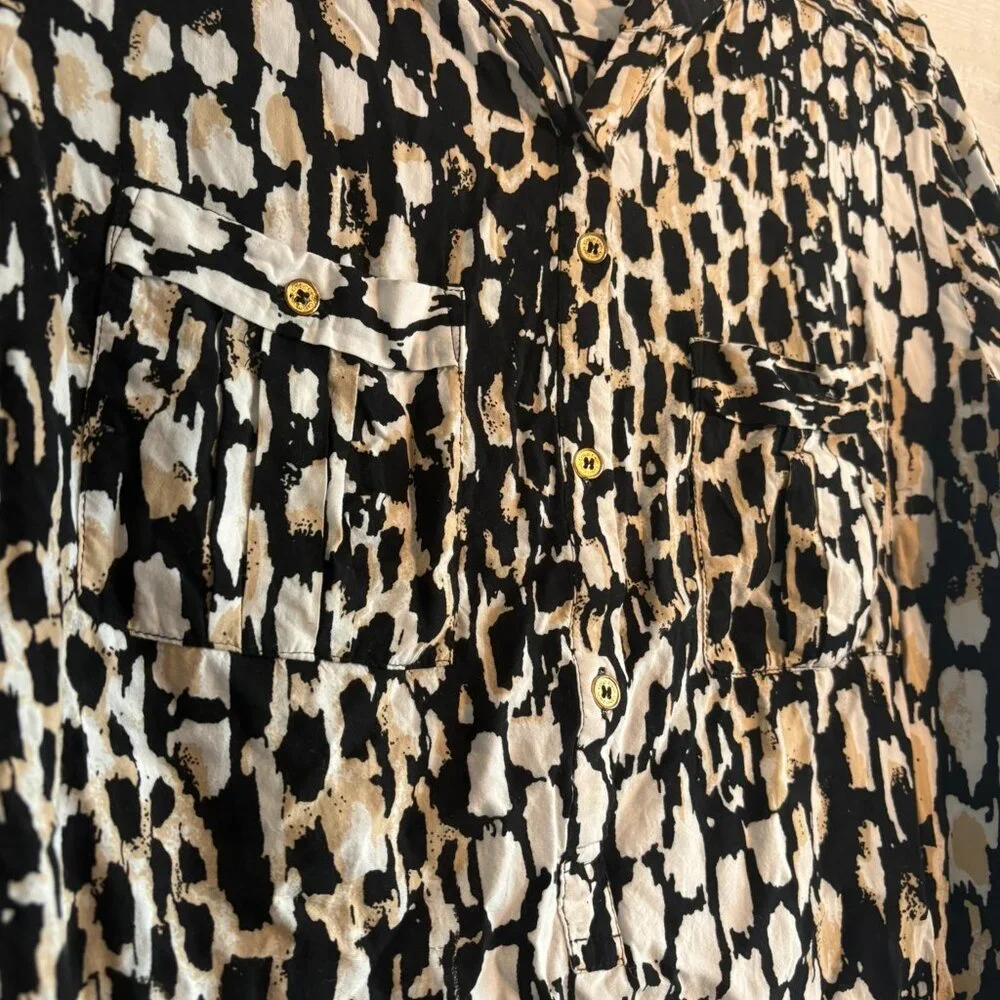 Calvin Klein Black Beige Animal Print Long Roll Tab Sleeves Buttons Up Shirt - Picture 2 of 7
